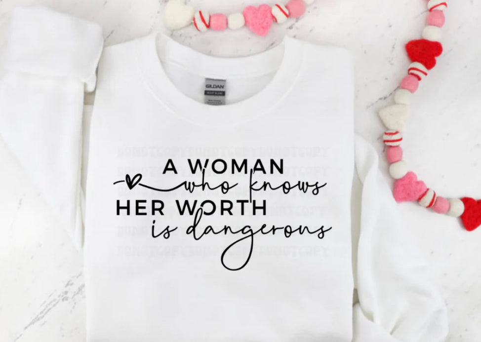 A Woman Who Knows Her Worth (Carolina Blue Lettering)